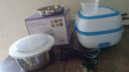 Wukusy electric lunch box with stainless steel bowls, 3-in-1 food heater, cooker, and steamer for home and kitchen use.
