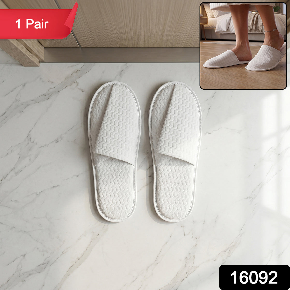 Pair of white disposable hotel slippers for guests by Wukusy, soft fabric and comfortable fit, perfect for hotel stays.