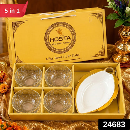 Glass Bowl  Leaf Platter Gift Set For Dry Fruits  Snack Serving (5 In 1)