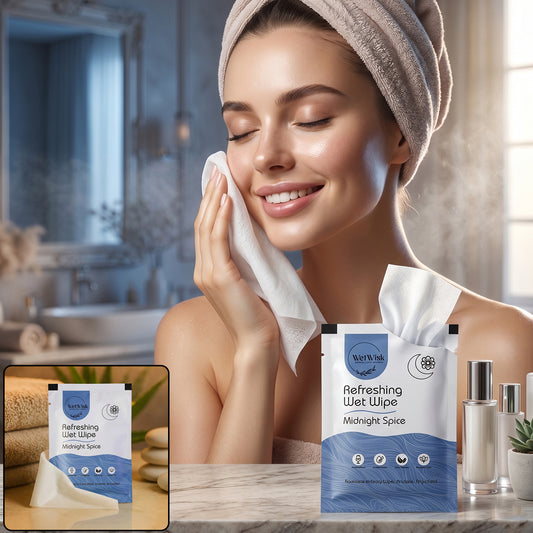 Wukusy Midnight Spice refreshing wet wipes for face, body, and hands, showing a sealed pack with floral design and product branding.
