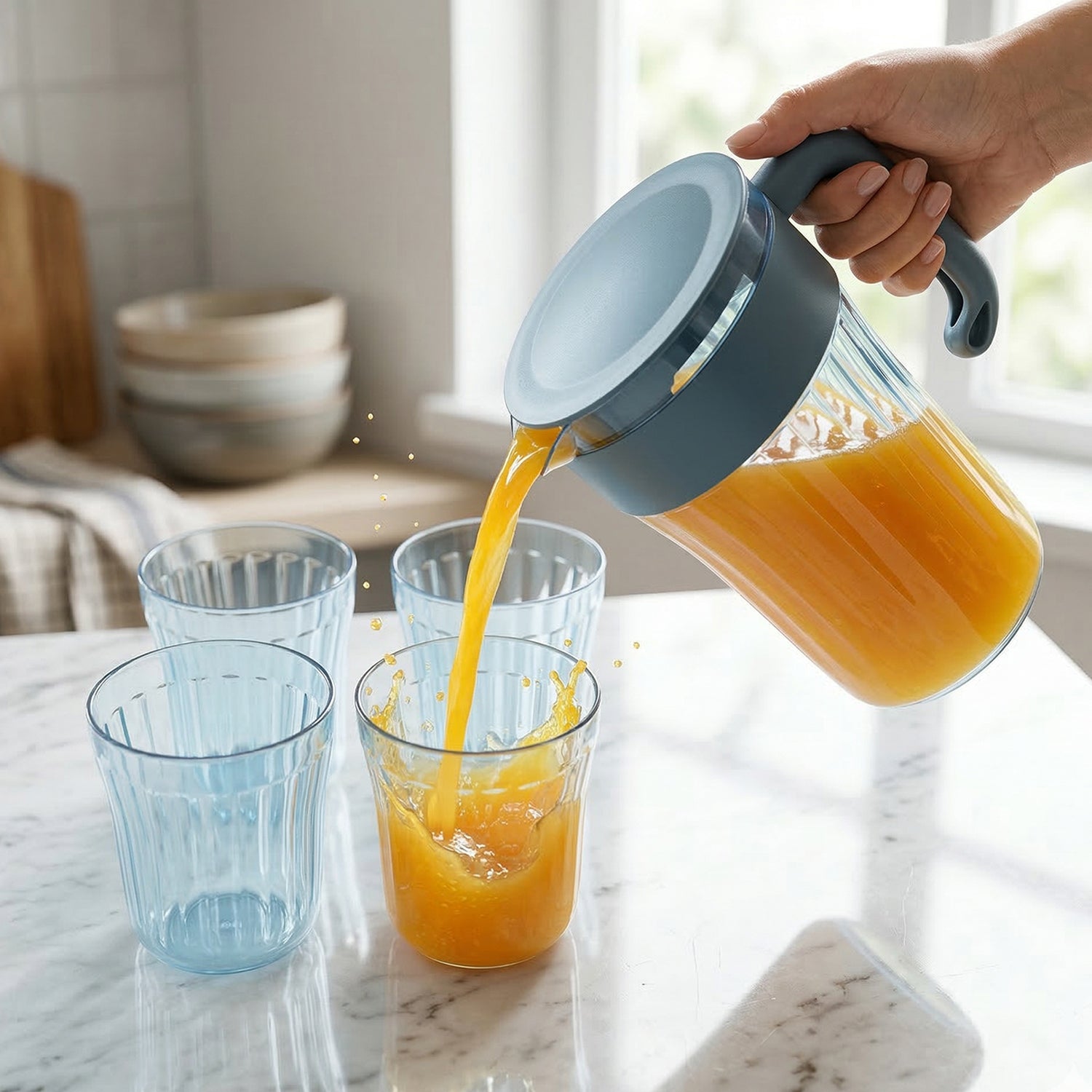 Multipurpose Plastic Water Juice Serving Jug With 4 Drinking Glasses Set (1 Set)
