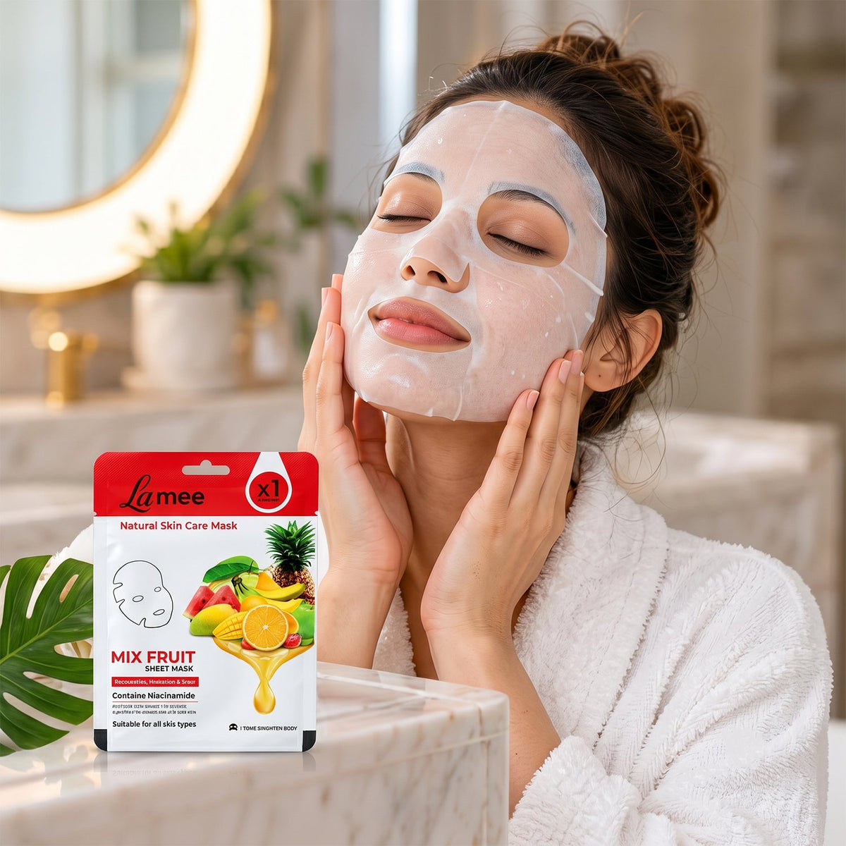Wukusy mix fruit facial sheet mask with niacinamide for hydrating skin, showing the sheet mask soaked in fruit extract.