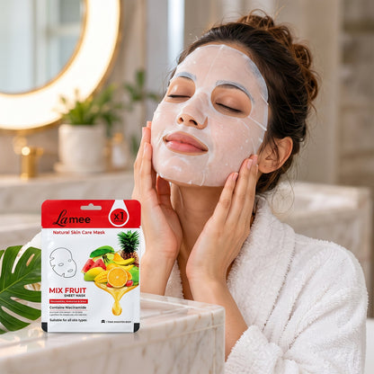 Wukusy mix fruit facial sheet mask with niacinamide for hydrating skin, showing the sheet mask soaked in fruit extract.