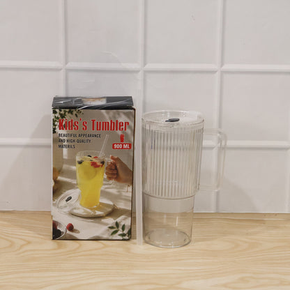 Kids Wukusy 900ml tumbler with handle, lid, and straw, ribbed water sipper cup showing a colorful design and sturdy construction.