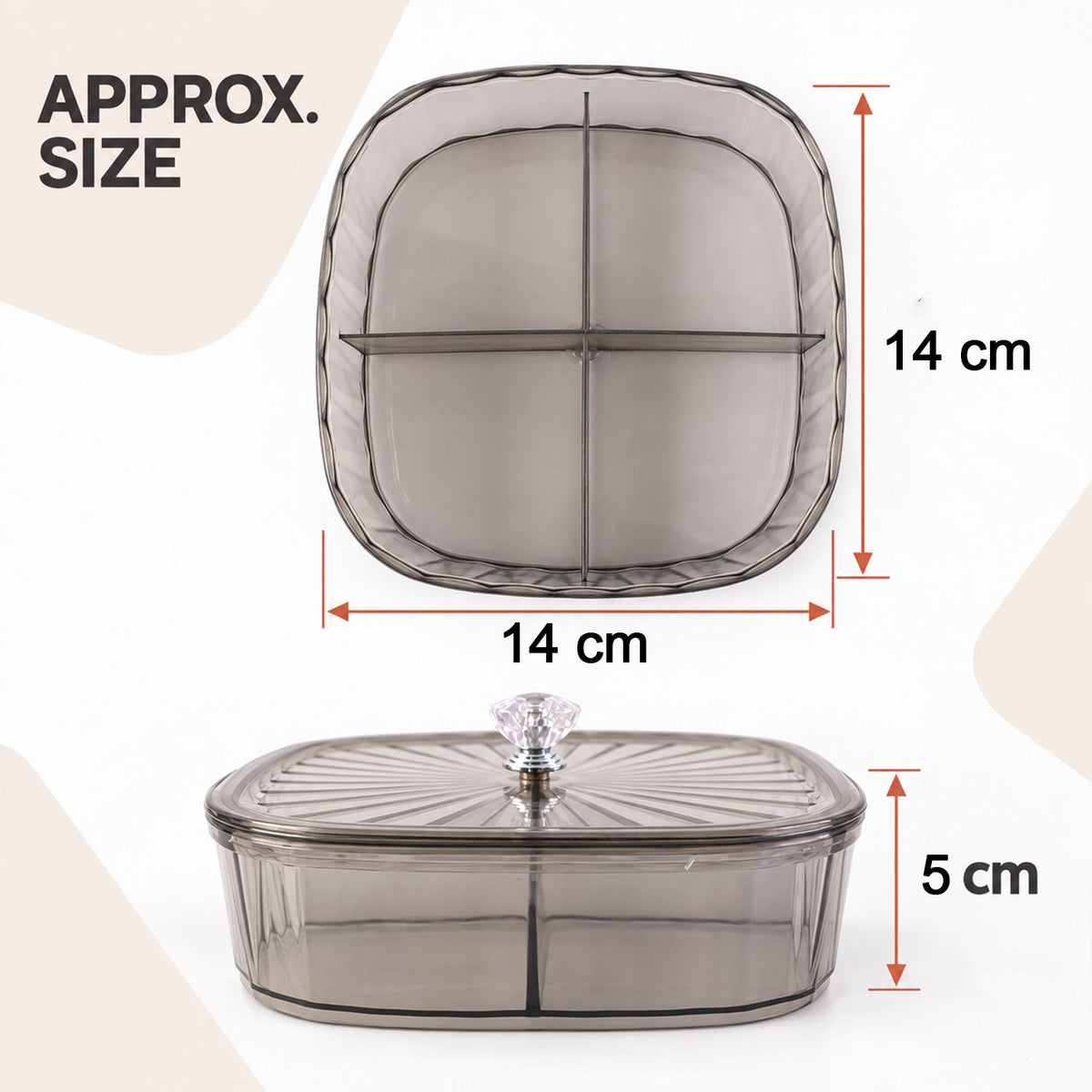 Wukusy dry fruit storage box with lid and four compartments for nuts and snacks, clear plastic container with secure lid