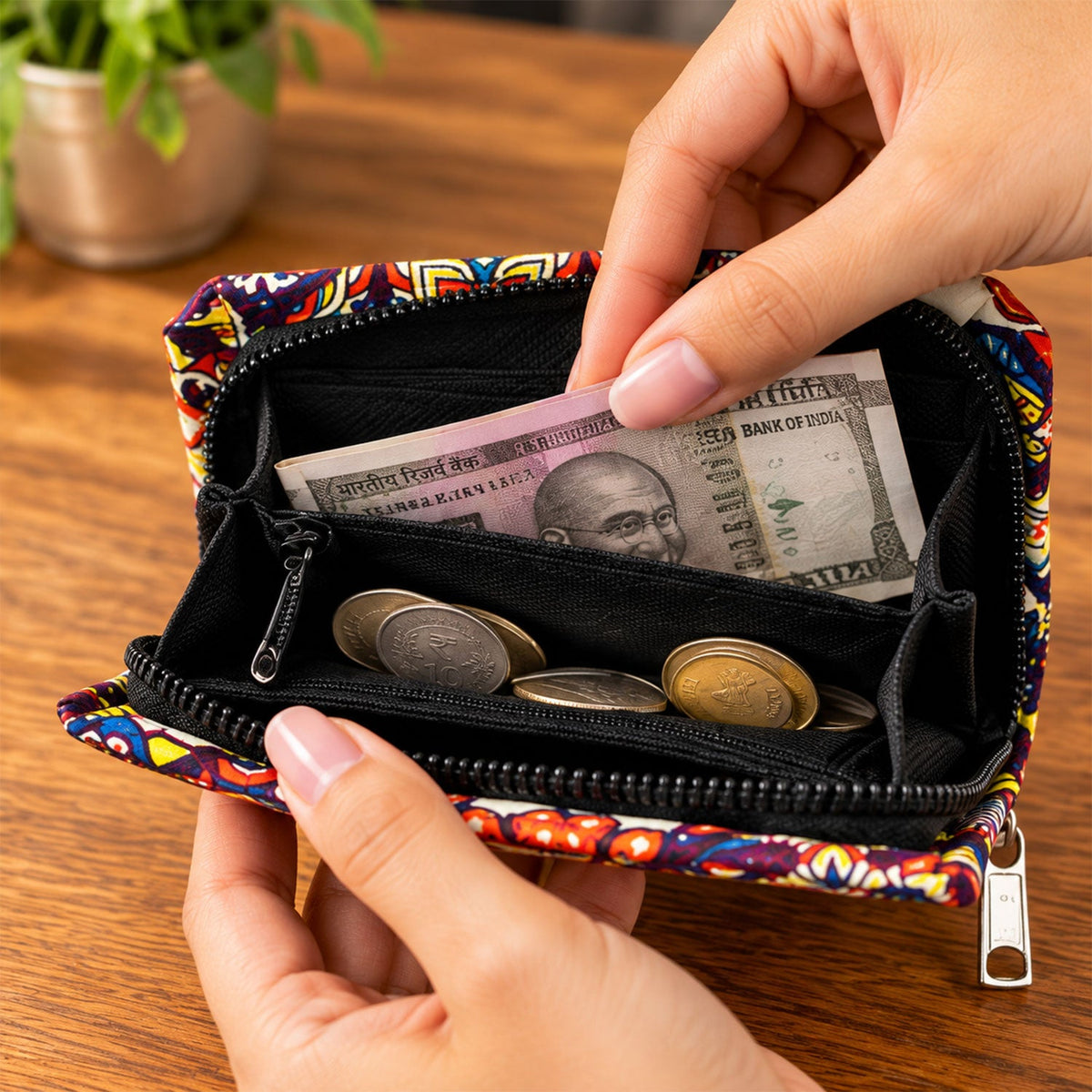 Wukusy Patola style printed clutch wallet with zip closure, compact 9x11 cm purse featuring colorful traditional patterns.
