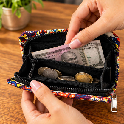 Wukusy Patola style printed clutch wallet with zip closure, compact 9x11 cm purse featuring colorful traditional patterns.