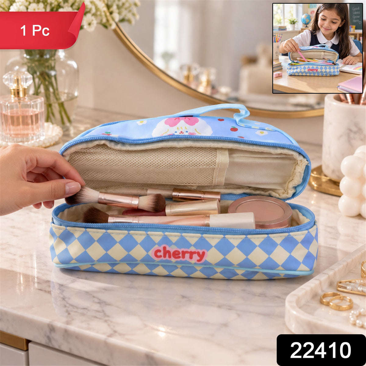 Wukusy printed zipper pouch with top handle for makeup or stationery, measuring 24x15 cm, featuring colorful design and durable fabric.