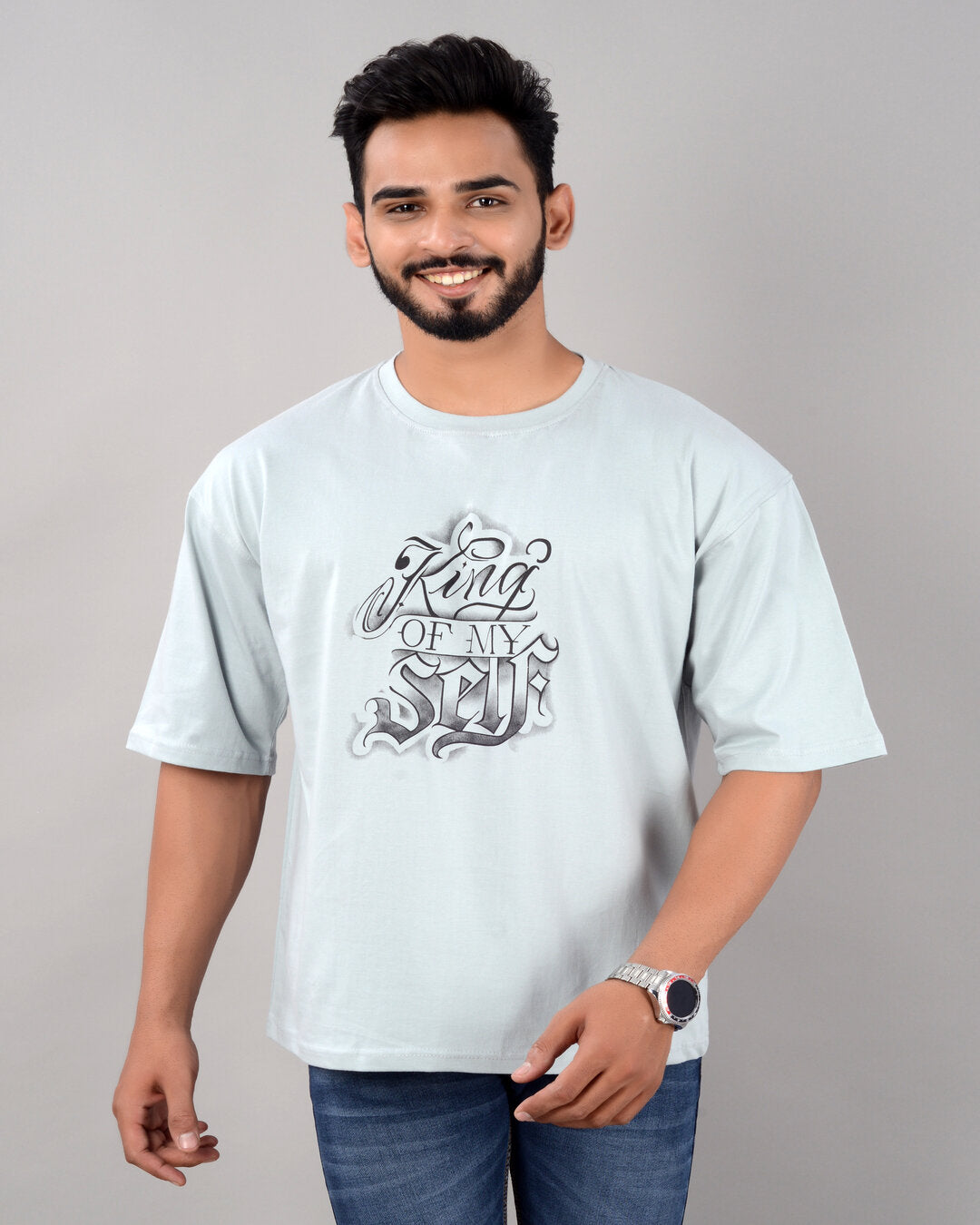 Cotton Blend Oversize Loose Fit Drop Shoulder Round Neck Half Sleeve Graphic Printed Turquiose T-Shirt for Men (SIZE- M,L,XL,XXL)