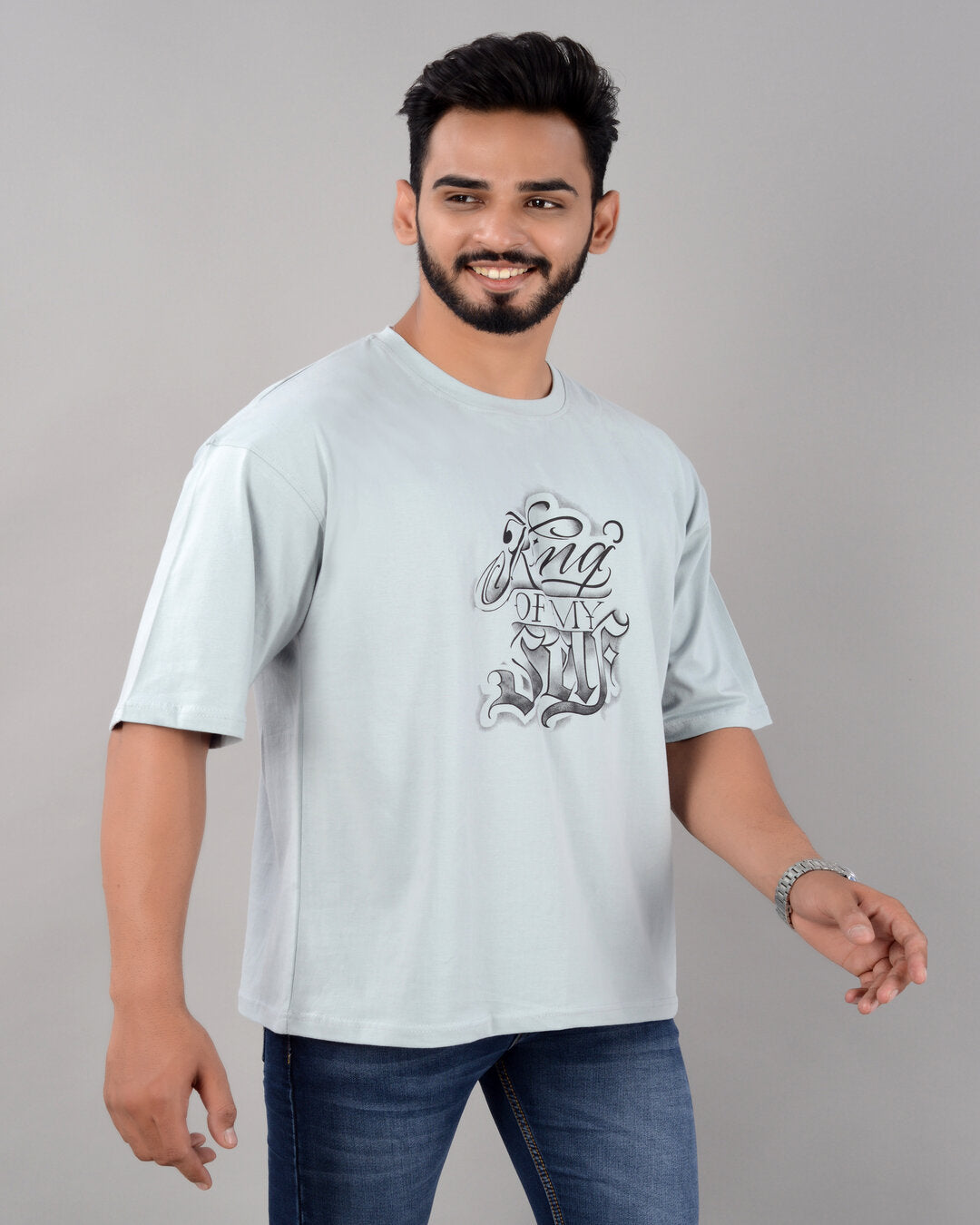 Cotton Blend Oversize Loose Fit Drop Shoulder Round Neck Half Sleeve Graphic Printed Turquiose T-Shirt for Men (SIZE- M,L,XL,XXL)