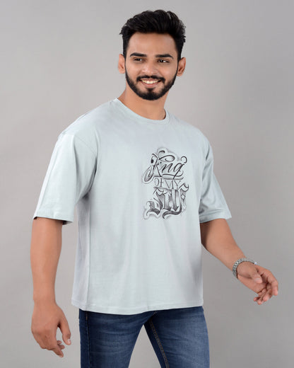 Cotton Blend Oversize Loose Fit Drop Shoulder Round Neck Half Sleeve Graphic Printed Turquiose T-Shirt for Men (SIZE- M,L,XL,XXL)