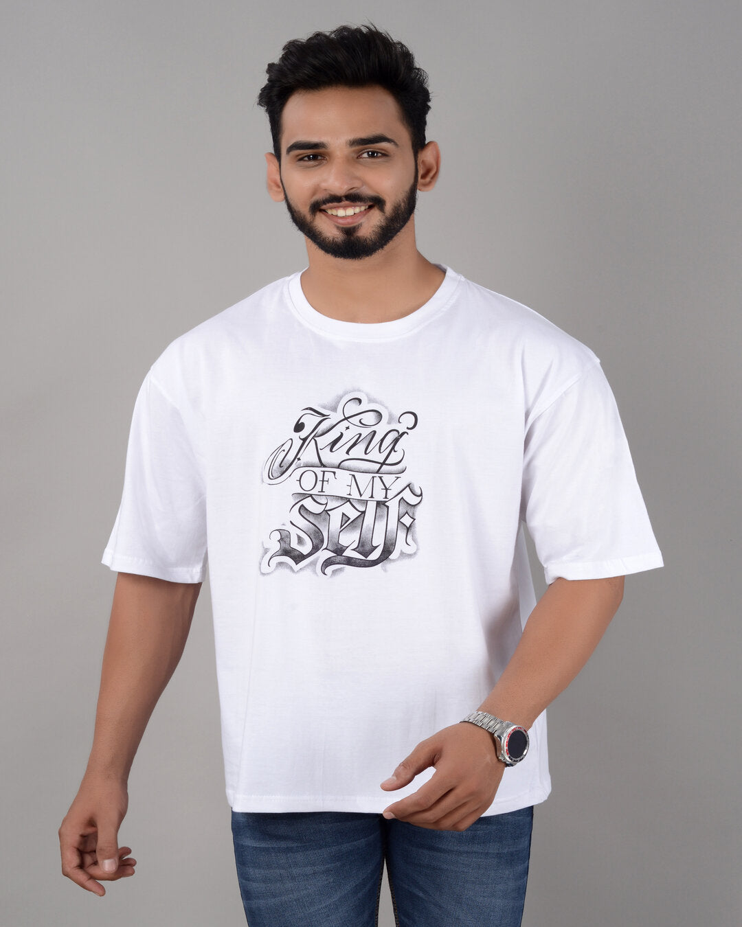 Cotton Blend Oversize Loose Fit Drop Shoulder Round Neck Half Sleeve Graphic Printed White T-Shirt for Men (SIZE- M,L,XL,XXL)