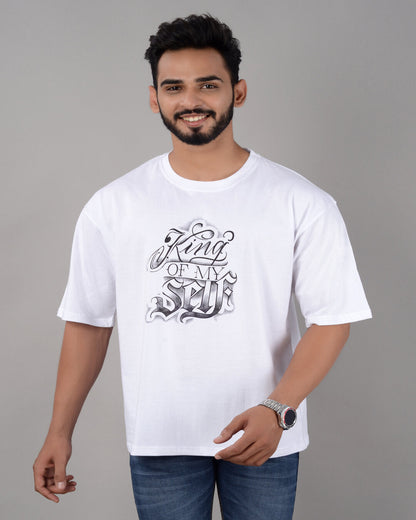 Cotton Blend Oversize Loose Fit Drop Shoulder Round Neck Half Sleeve Graphic Printed White T-Shirt for Men (SIZE- M,L,XL,XXL)