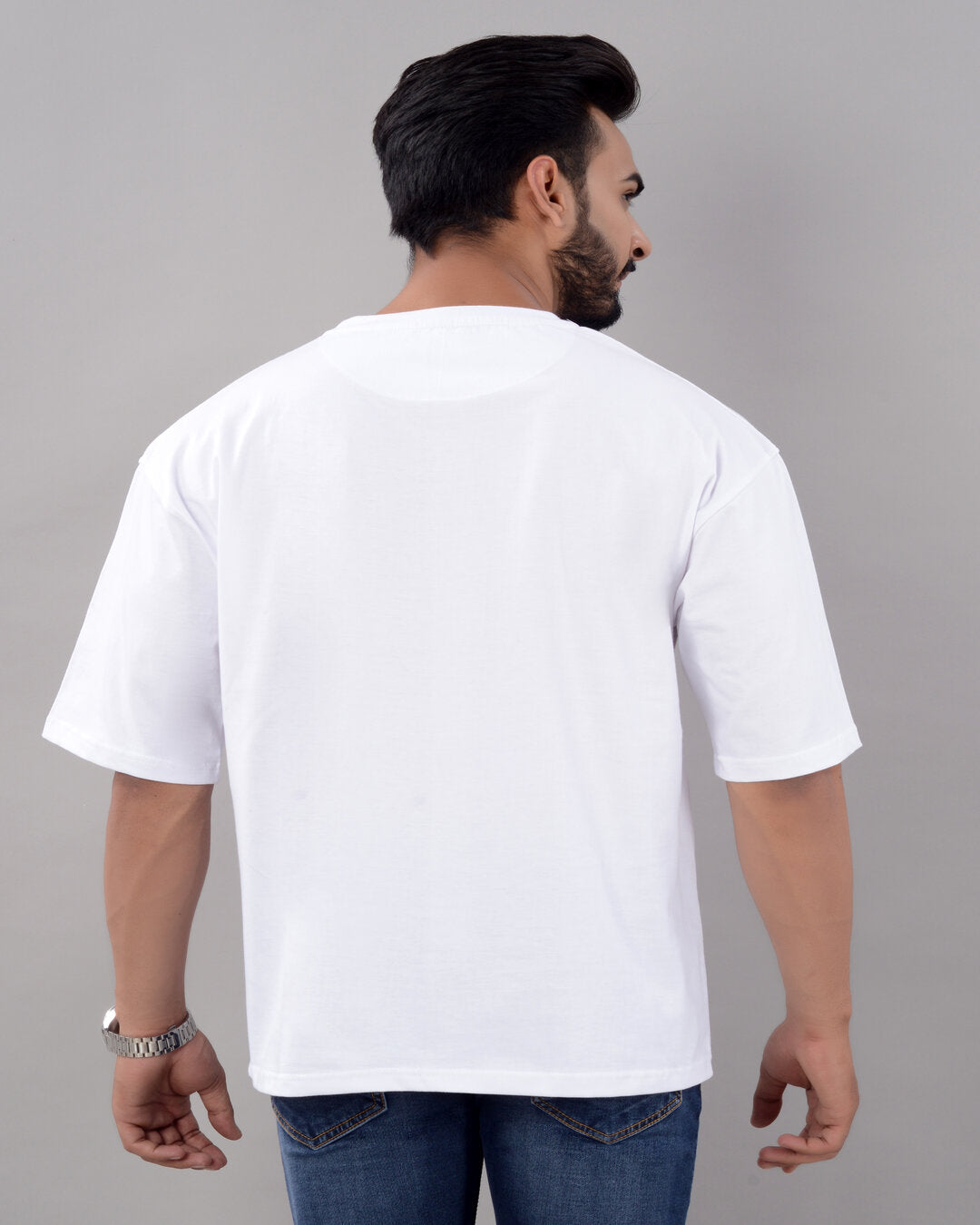 Cotton Blend Oversize Loose Fit Drop Shoulder Round Neck Half Sleeve Graphic Printed White T-Shirt for Men (SIZE- M,L,XL,XXL)