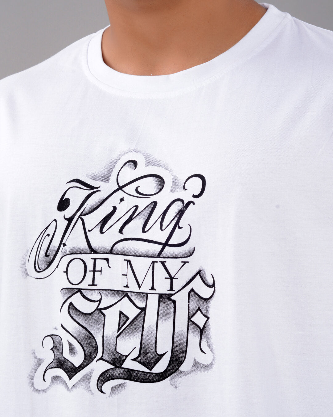 Cotton Blend Oversize Loose Fit Drop Shoulder Round Neck Half Sleeve Graphic Printed White T-Shirt for Men (SIZE- M,L,XL,XXL)