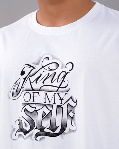 Cotton Blend Oversize Loose Fit Drop Shoulder Round Neck Half Sleeve Graphic Printed White T-Shirt for Men (SIZE- M,L,XL,XXL)