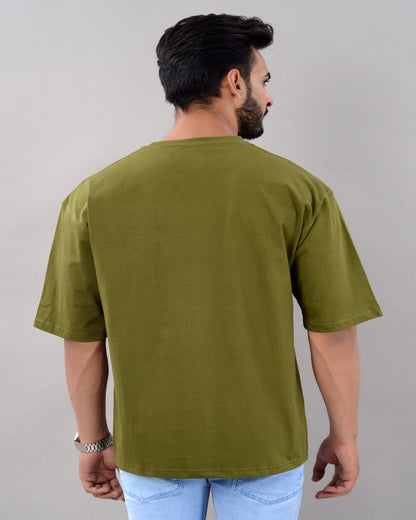 Cotton Blend Oversize Loose Fit Drop Shoulder Round Neck Half Sleeve Typography Olive T-Shirt for Men (SIZE- M,L,XL,XXL)