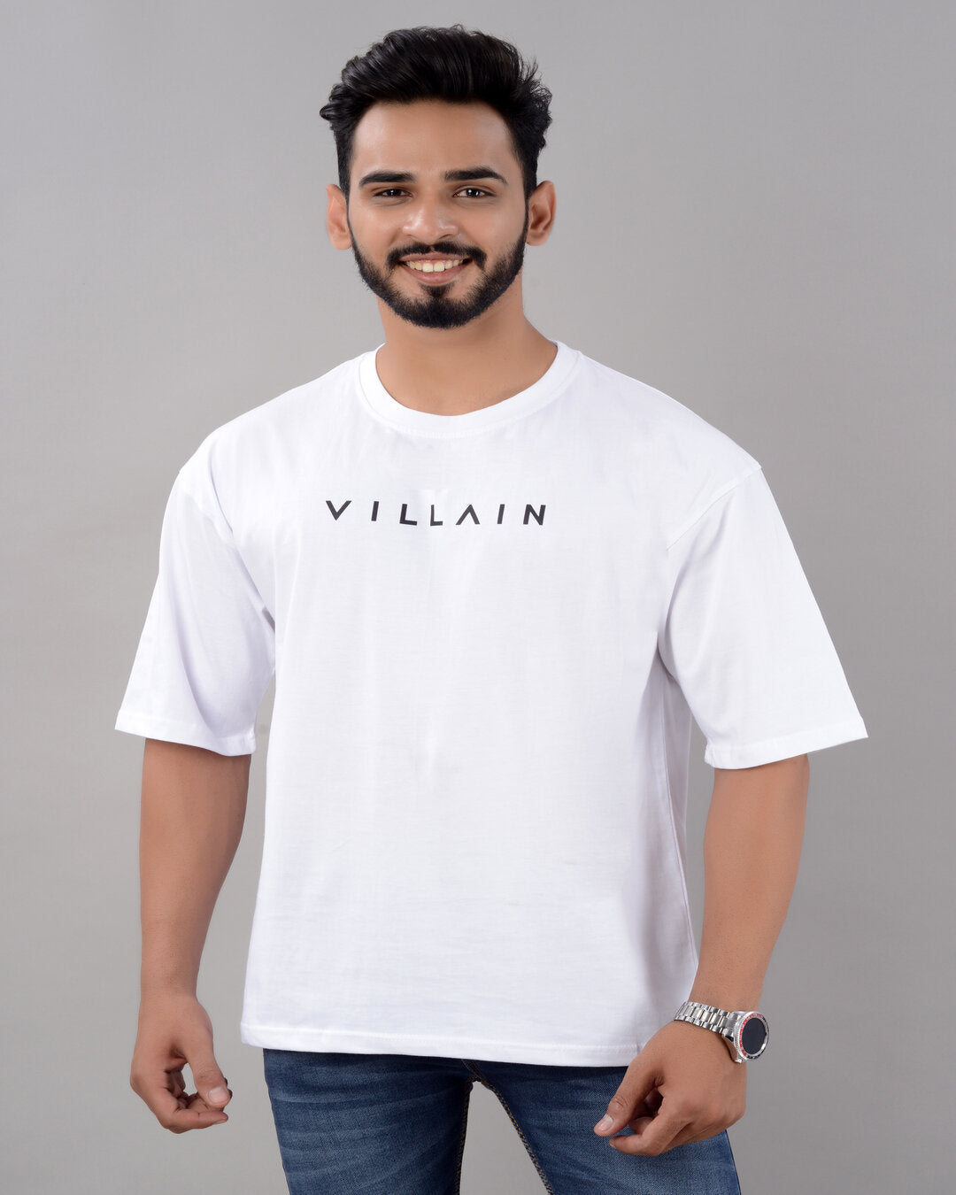White cotton blend oversized men's T-shirt with drop shoulder and round neck, featuring typography design, available in multiple sizes.