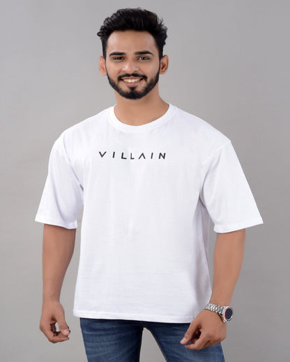 White cotton blend oversized men's T-shirt with drop shoulder and round neck, featuring typography design, available in multiple sizes.
