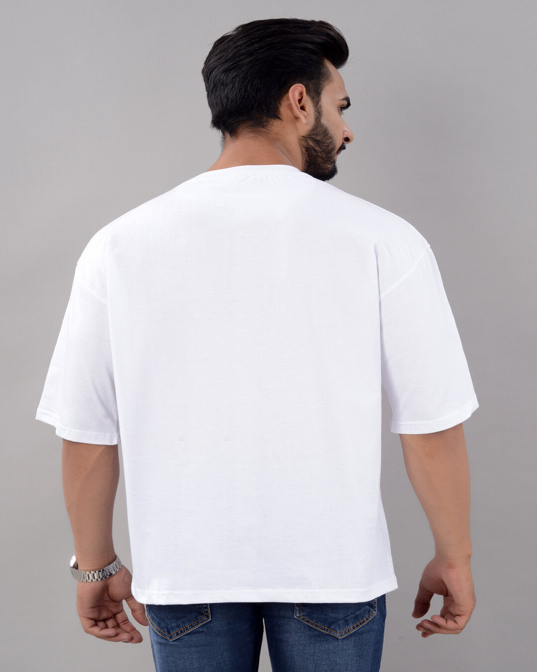 White cotton blend oversized men's T-shirt with drop shoulder, round neck, half sleeves, and typography design by Drpshippr.