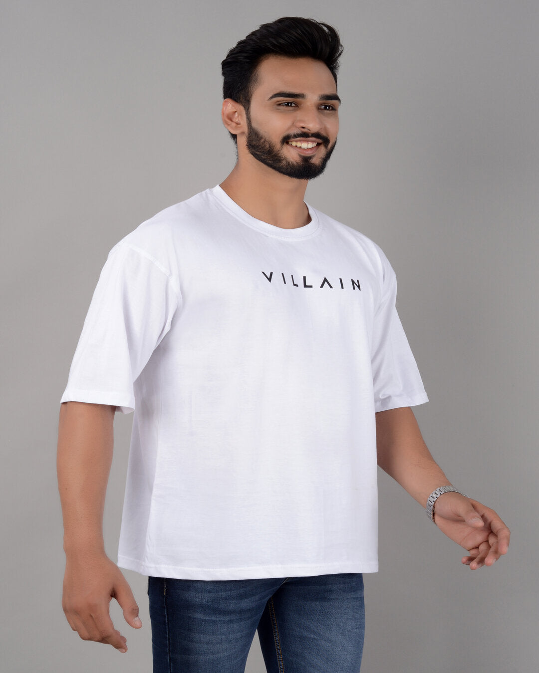 Men's white cotton blend oversized T-shirt with drop shoulder, round neck, half sleeves, featuring typography design.