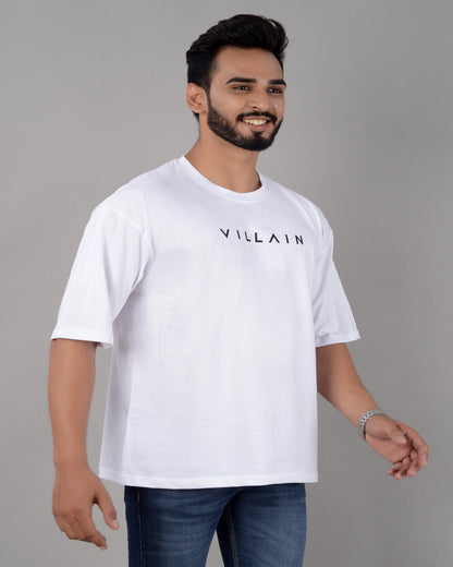 Men's white cotton blend oversized T-shirt with drop shoulder, round neck, half sleeves, featuring typography design.