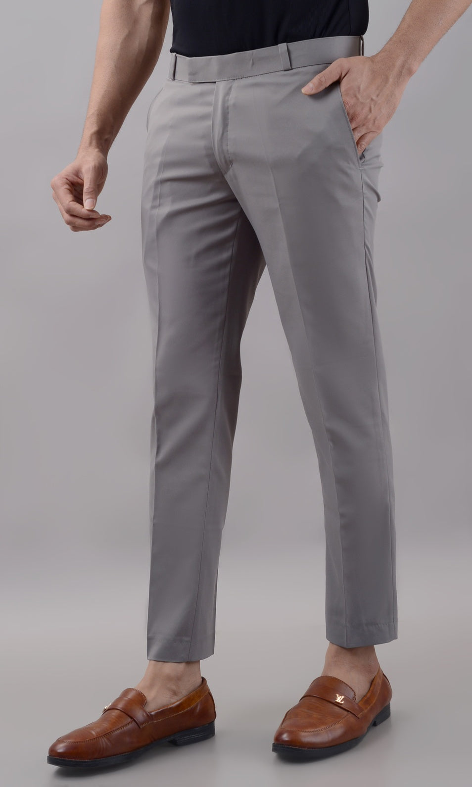Light purple stretchable men's formal trousers by Dropdash, shown in a stylish, well-fitted design suitable for formal wear.