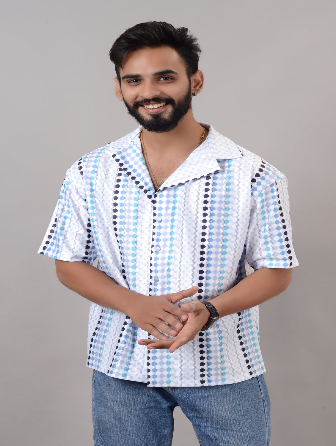 Men's blue cotton blend printed casual shirt with spread collar and half sleeves, oversized fit from Drpshippr Men's Collection.