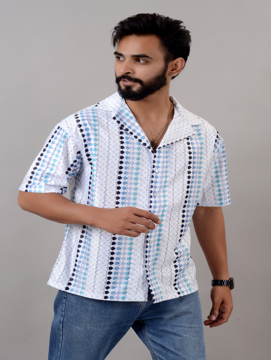 Men's blue cotton blend casual shirt by Drpshippr with printed design, spread collar, half sleeves, oversized fit in sizes M to XL.