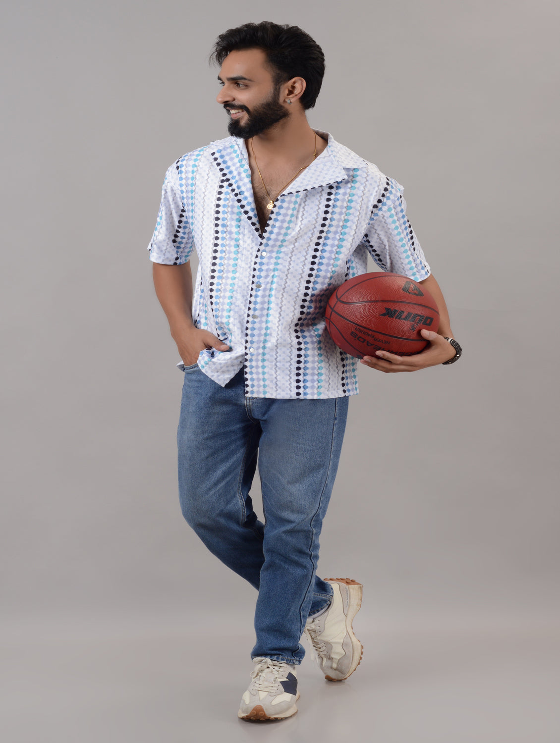 Men's blue cotton blend printed casual shirt with spread collar and half sleeves, oversized fit from Drpshippr in size M, L, XL.