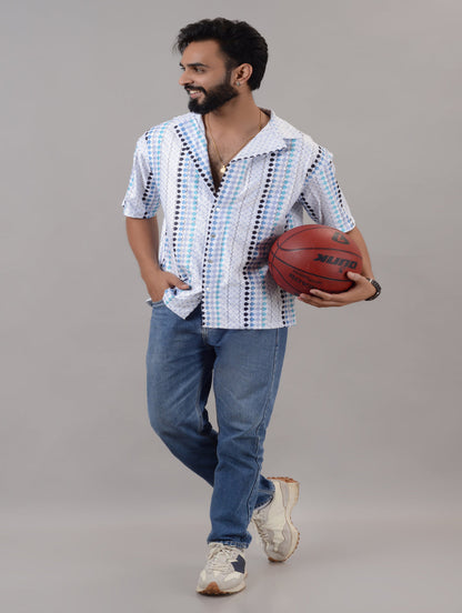 Men's blue cotton blend printed casual shirt with spread collar and half sleeves, oversized fit from Drpshippr in size M, L, XL.