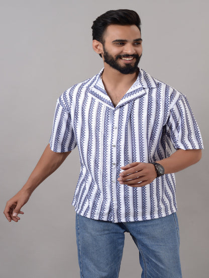 Men's blue cotton blend striped casual shirt with spread collar, half sleeves, oversized fit from Drpshippr Men's Collection.