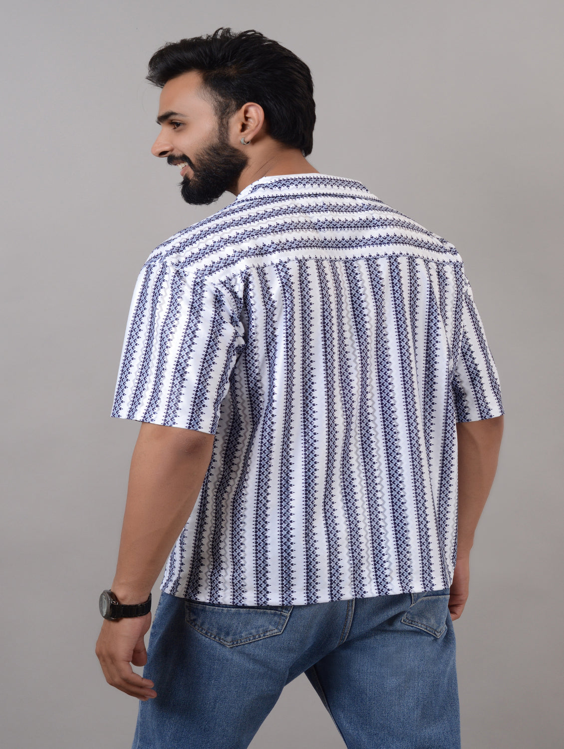 Men's blue cotton blend striped casual shirt with spread collar, half sleeves, oversized fit, from Drpshippr Men's Collection.