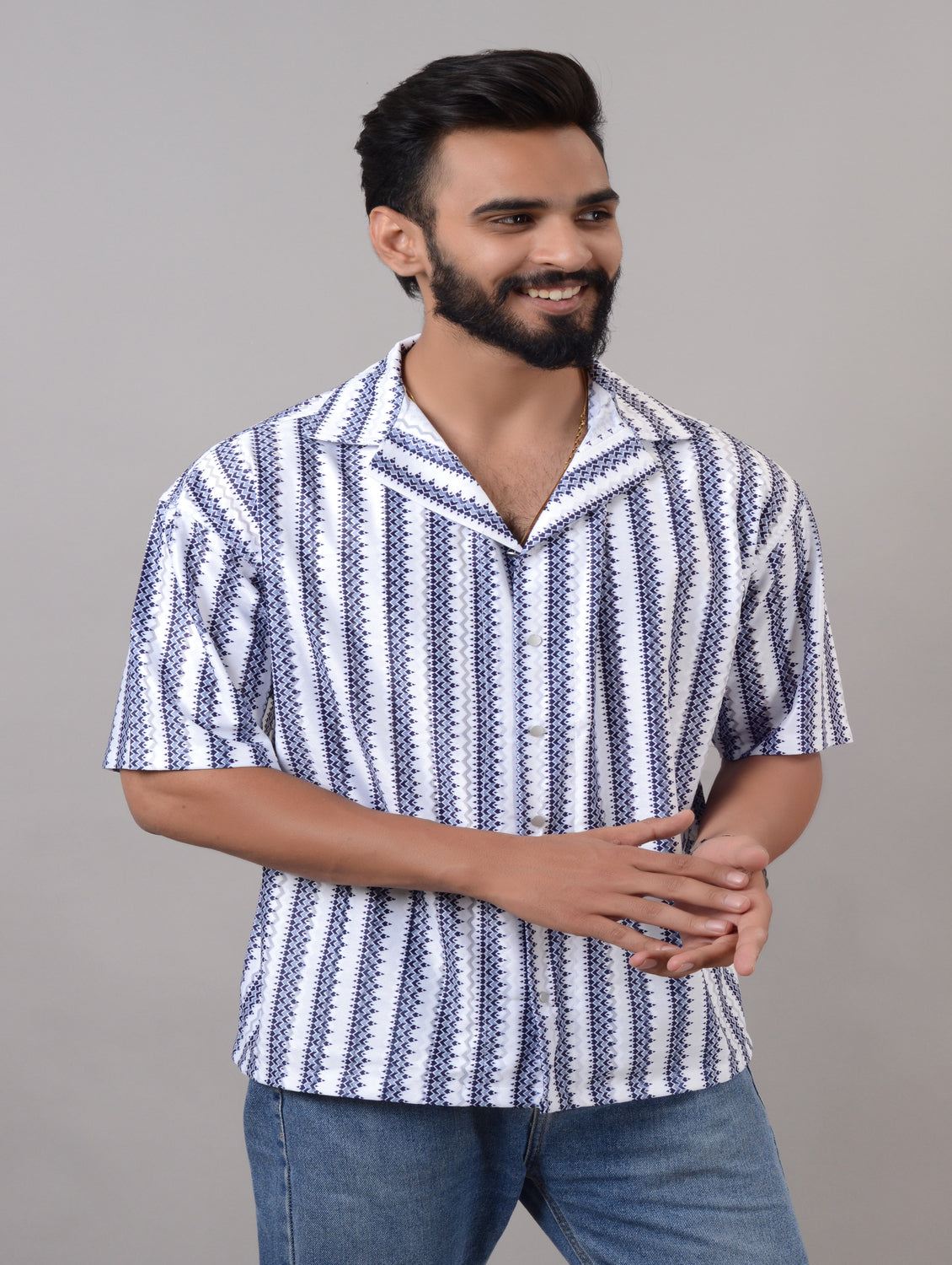 Men's blue cotton blend striped casual shirt with spread collar and half sleeves, oversized fit from Drpshippr Men's Collection.