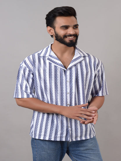 Men's blue cotton blend striped casual shirt with spread collar and half sleeves, oversized fit from Drpshippr Men's Collection.