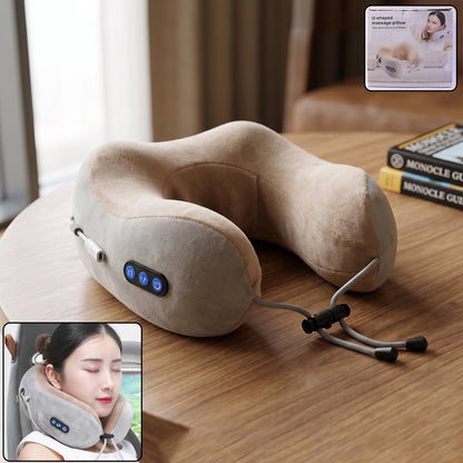 Wukusy cordless U-shaped electric neck massage pillow showing the compact, portable design for travel neck massager use.