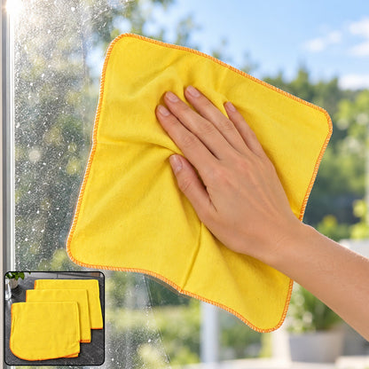 Set of three yellow cotton duster cloths for home and kitchen cleaning, each measuring 46x46 cm, by Wukusy.