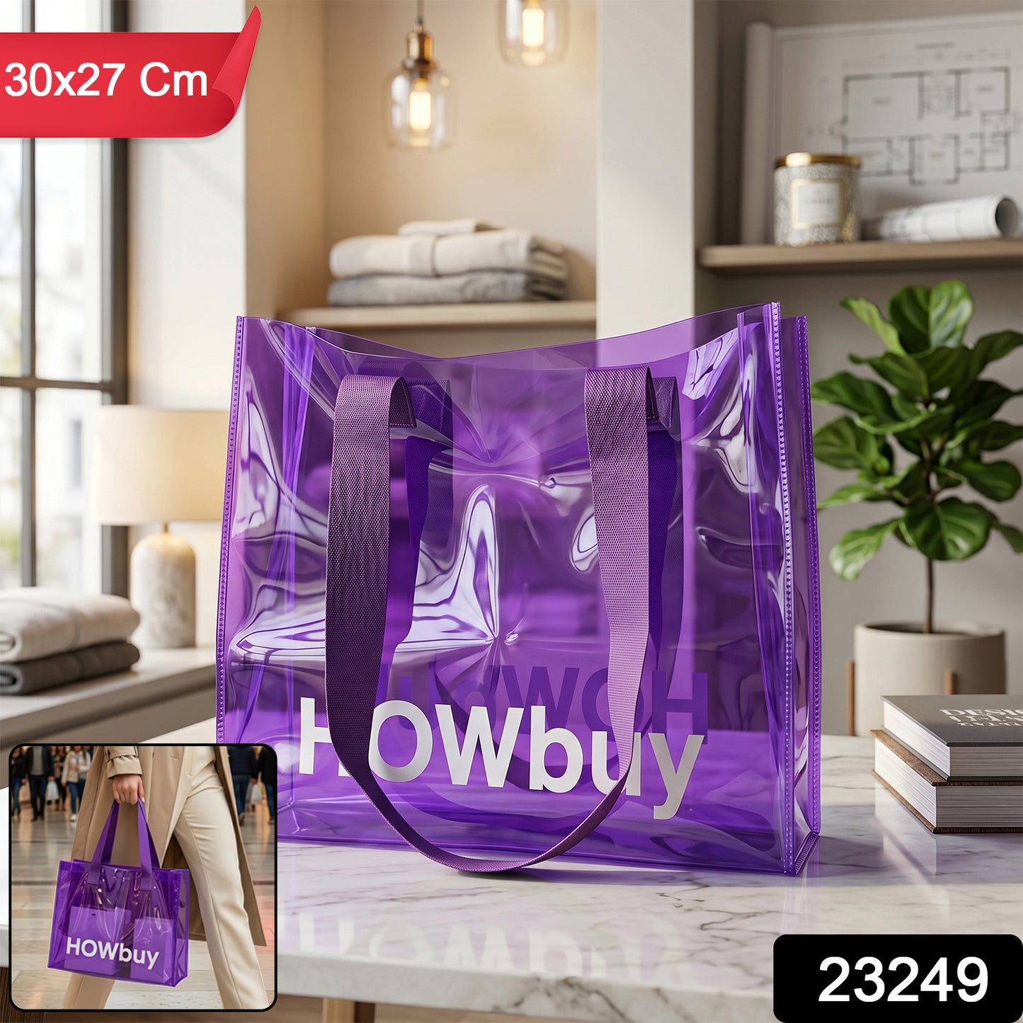 Stylish Transparent Carry Bag With Handle Strap (30x27 Cm)