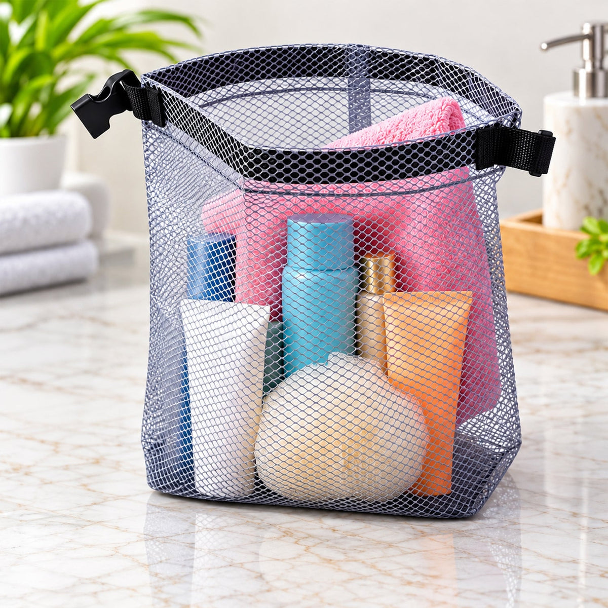 Mesh Travel Organizer Pouch With Buckle For Toiletries (1 Pc 27x23 Cm)