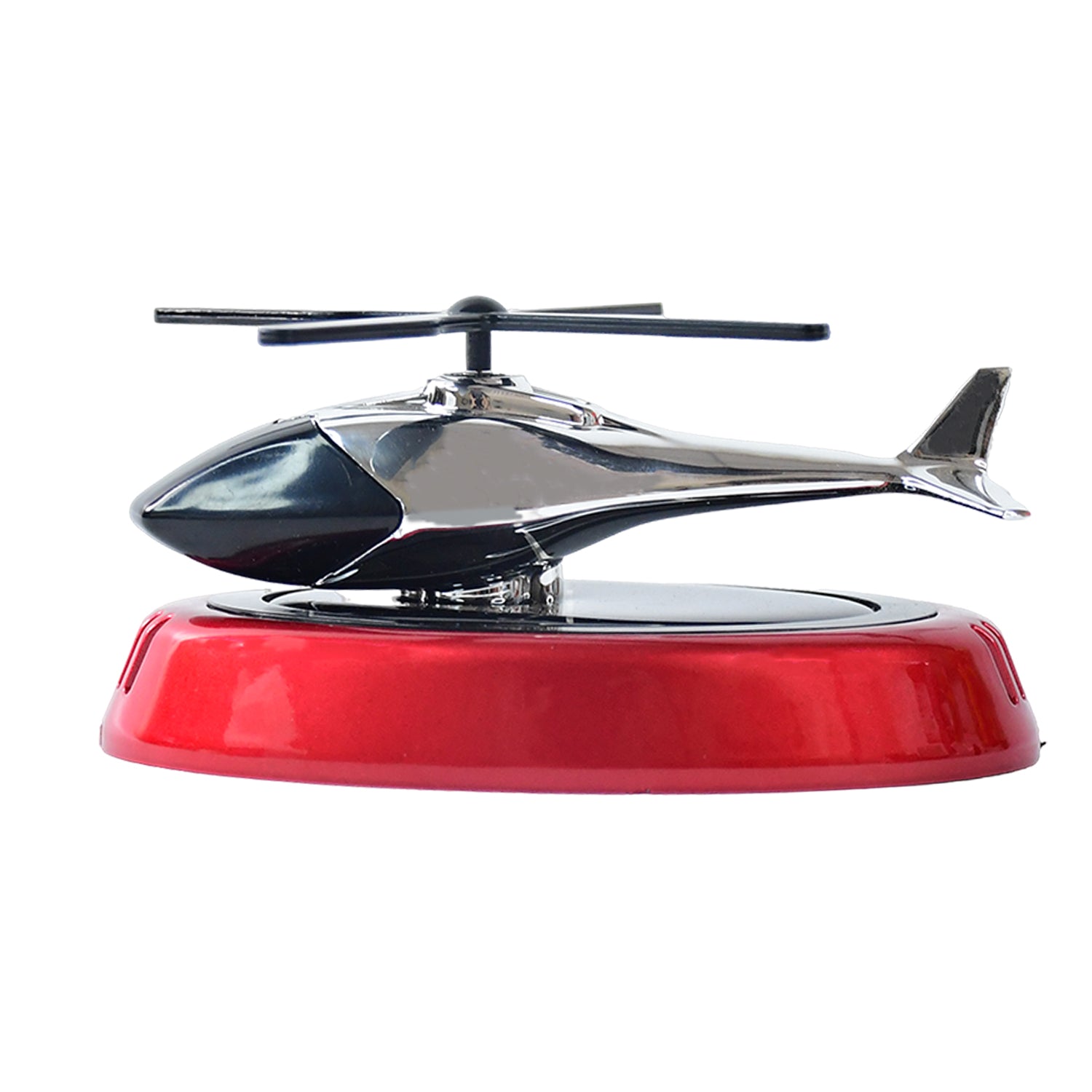 Wukusy solar-powered rotating helicopter car air freshener hanging from a car interior, featuring a colorful helicopter design.