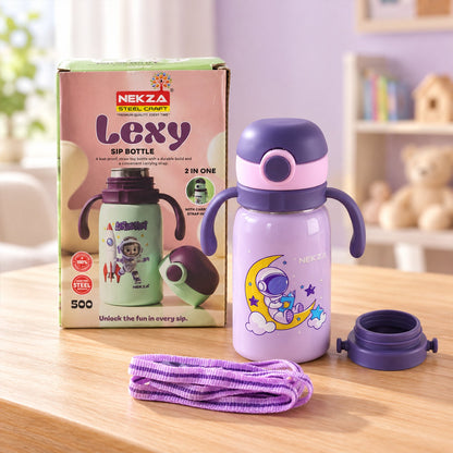 Kids stainless steel sipper water bottle with handles and strap by Wukusy, 500 ml, featuring a colorful design and leak-proof lid.