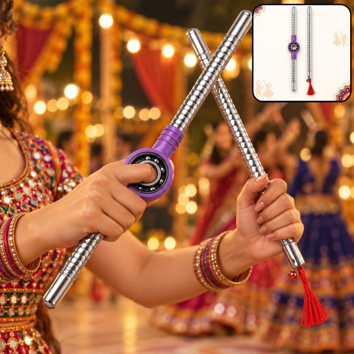 Pair of Wukusy steel dandiya sticks with textured grip, bearing center, and tassels, showing detailed design and craftsmanship.