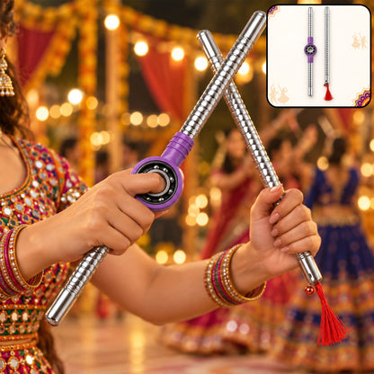 Pair of Wukusy steel dandiya sticks with textured grip, bearing center, and tassels, showing detailed design and craftsmanship.