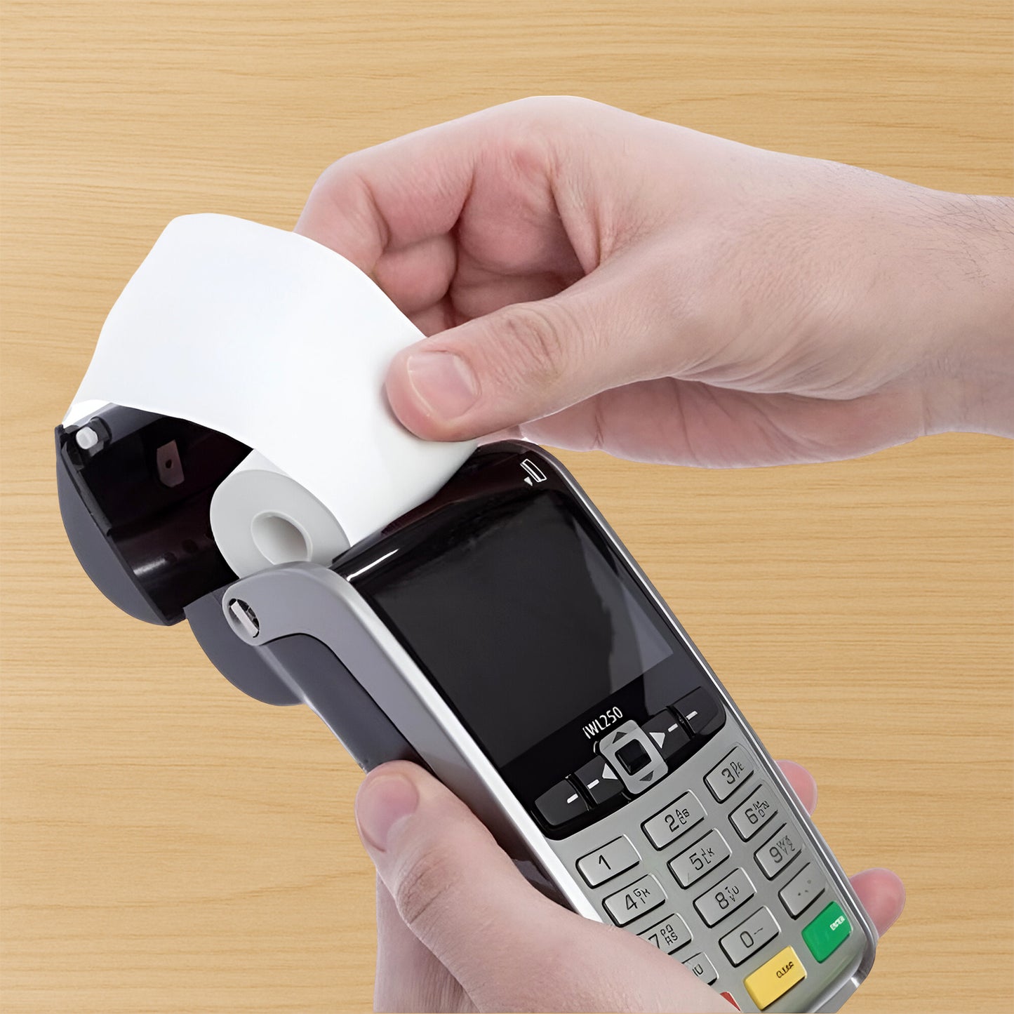 Wukusy thermal label roll for barcode printing, 57x34 cm, with adhesive backing and printed barcode labels on white paper.