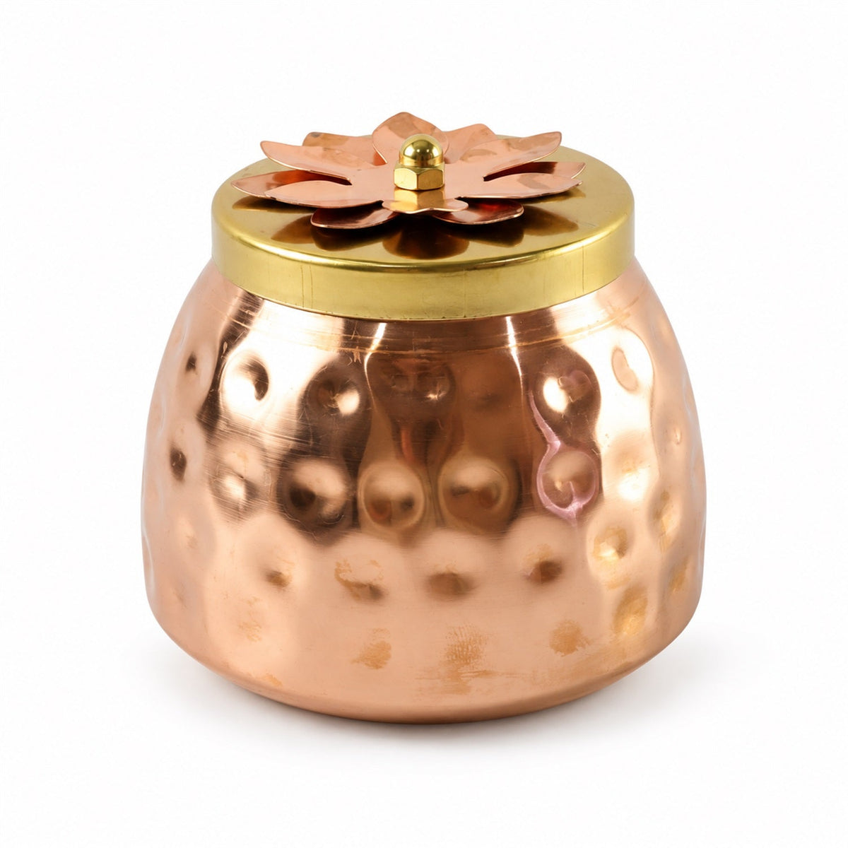 Copper finish storage jar with a floral lid for dry fruits and home decor by Wukusy, displayed with dry fruits inside.
