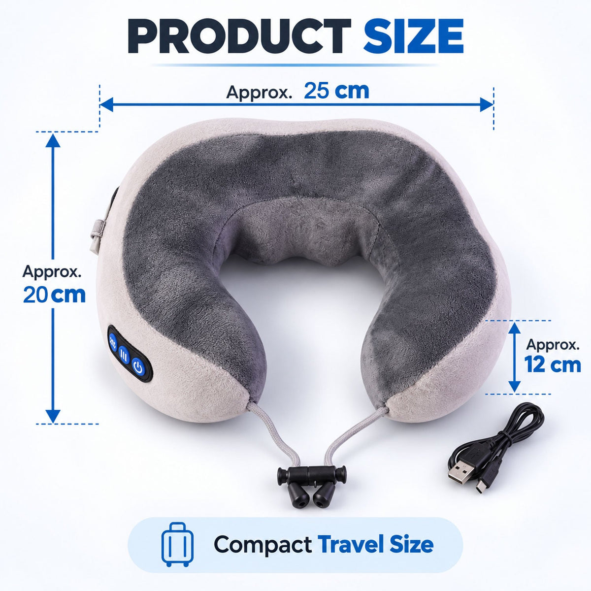 Wukusy electric U-shape neck massage pillow with heat, USB charging, designed for travel comfort.