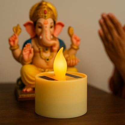 Wukusy solar-powered LED flameless candle light with a realistic flickering flame effect, suitable for decorative and outdoor use.