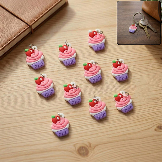Set of 10 Wukusy cupcake-shaped bag charm keychains with colorful, playful designs, perfect for decorating bags or keys.