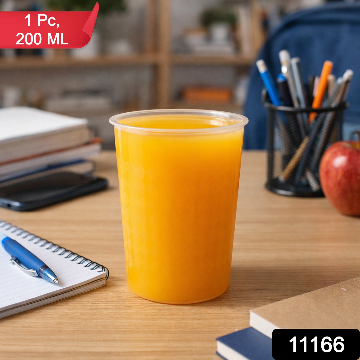 Clear reusable plastic drinking glass, 200ml capacity, by Wukusy, shown filled with water, highlighting transparency and durable design.