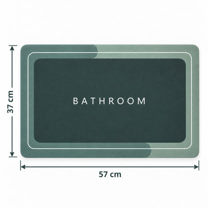 Green Wukusy super absorbent bathroom mat, 57x37 cm quick dry non-slip bath mat, shown on bathroom floor.
